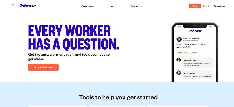   JobCase pagrindinio puslapio ekrano kopija