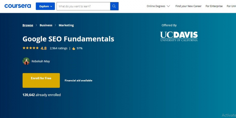   Веб-страница сертификата UC Davis SEO