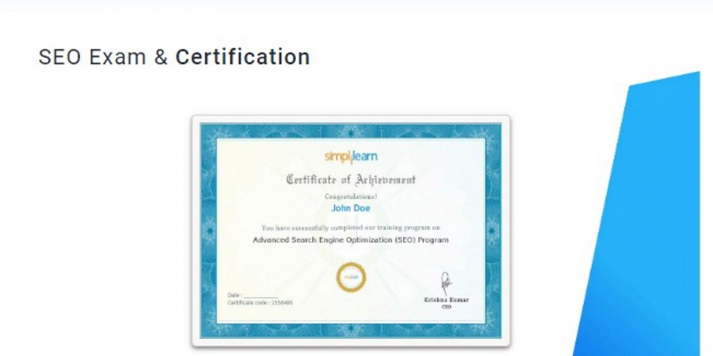   Kuvassa Simplilearn SEO -sertifikaatti
