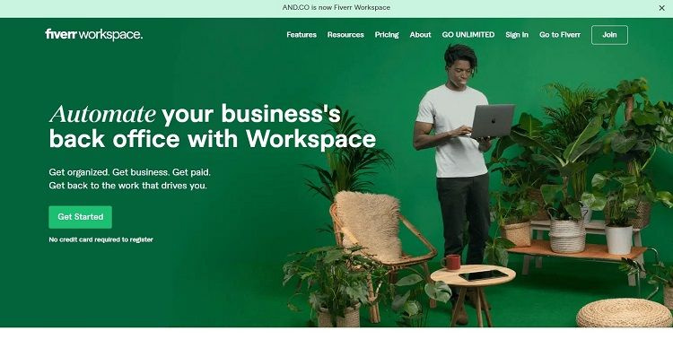   Snímka obrazovky domovskej stránky Fiverr Workspace